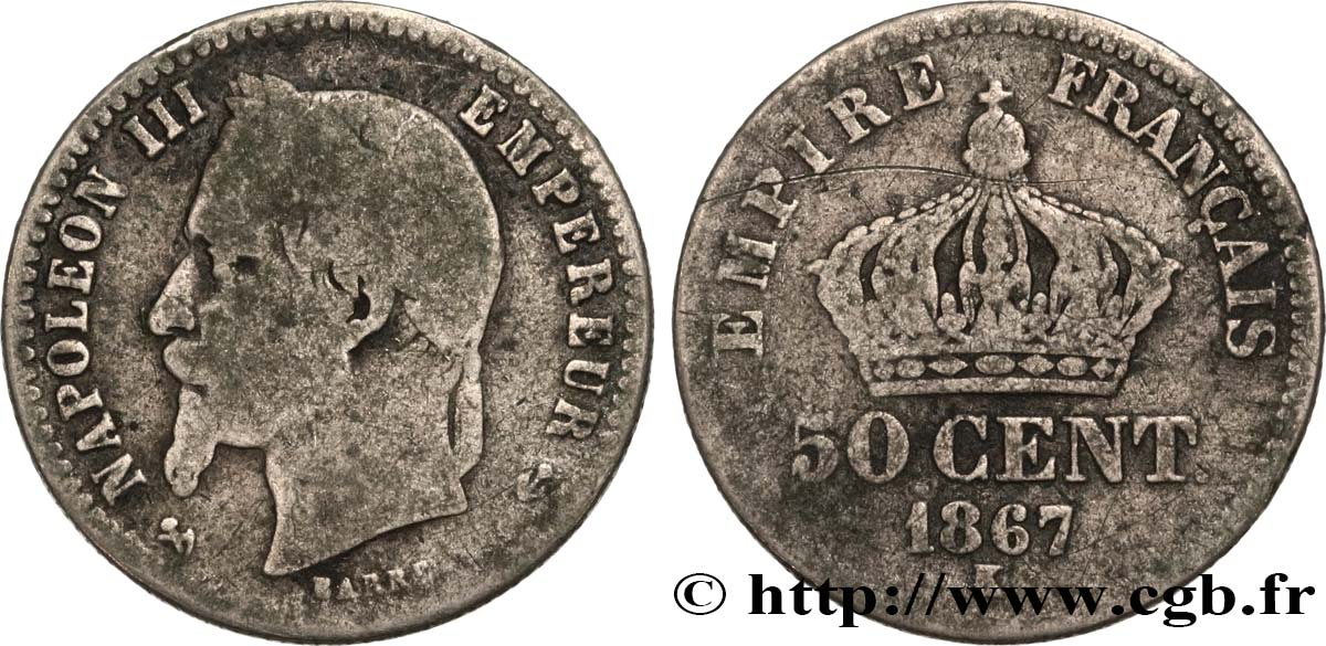 50 centimes Napoléon III, tête laurée 1867 Bordeaux F.188/18 RC 