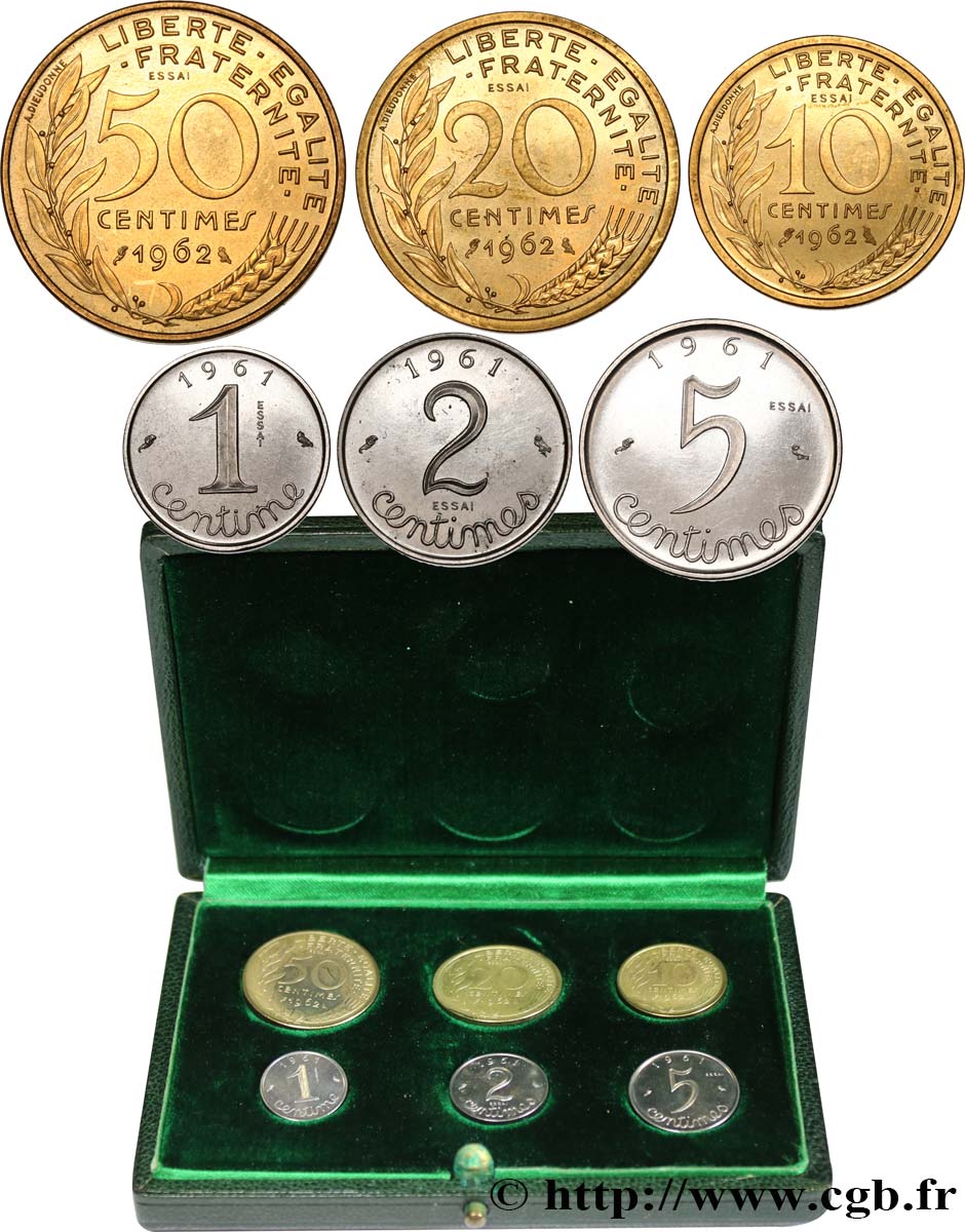 Boîte de la Commission Monétaire de 1959 présentant les trois essais de 50, 20 et 10 centimes Lagriffoul/Dieudonné et les trois essais 5, 2 et 1 centime(s) Épi n.d. Paris GEM.274 4 MS 