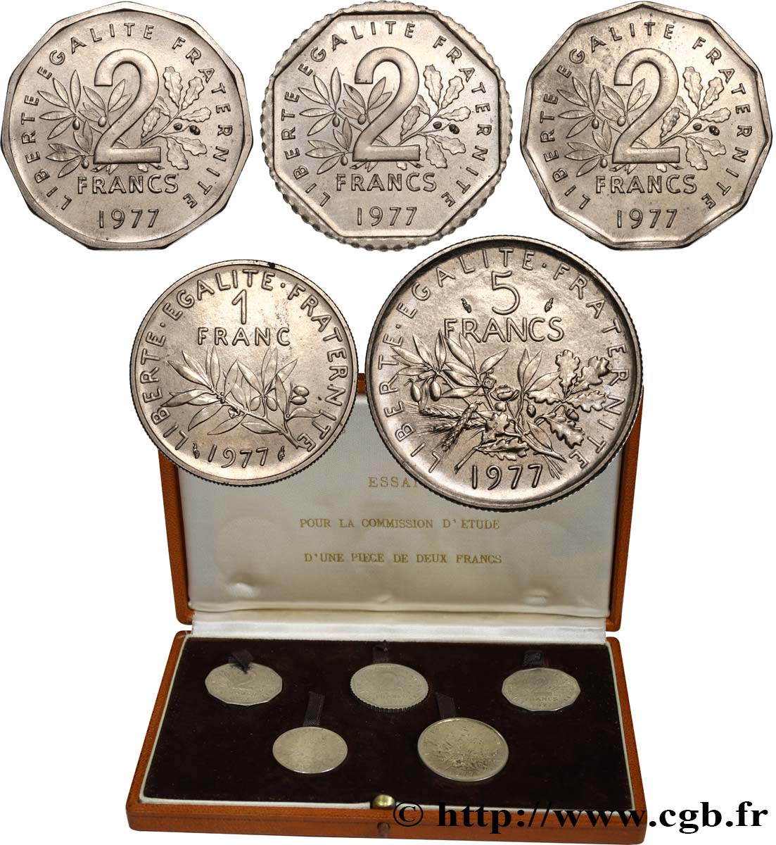 Coffret d’Étude de la 2 Francs Semeuse contenant trois pré-série de la 2 Francs et deux frappes courantes des 1 et 5 Francs Semeuse 1977 Pessac GEM.123 22 fST 