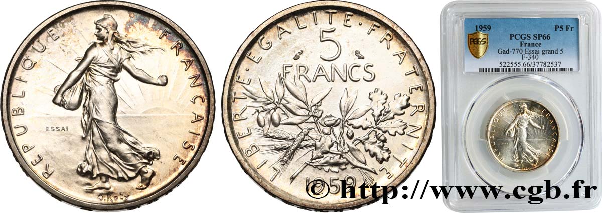 Essai de 5 francs Semeuse, argent, grand 5 1959 Paris F.340/1 FDC66 PCGS