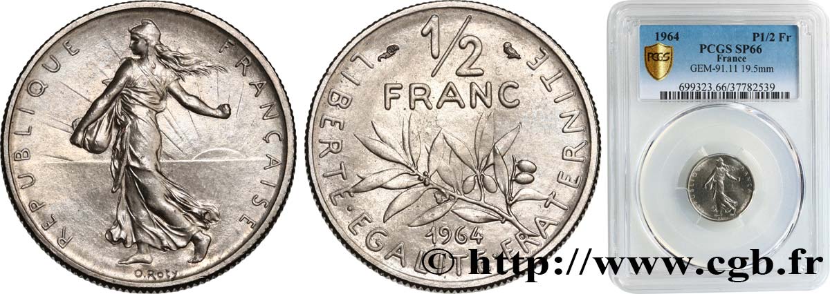 Pré-série d un 1/2 franc Semeuse, petit module, avec différents, tranche striée, sans le mot ESSAI 1964 Paris F.198/1 ST66 PCGS
