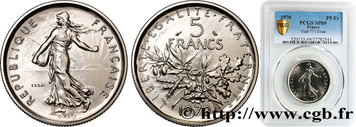 Essai de 5 francs Semeuse, nickel 1970 Paris F.341/1 MS69 PCGS