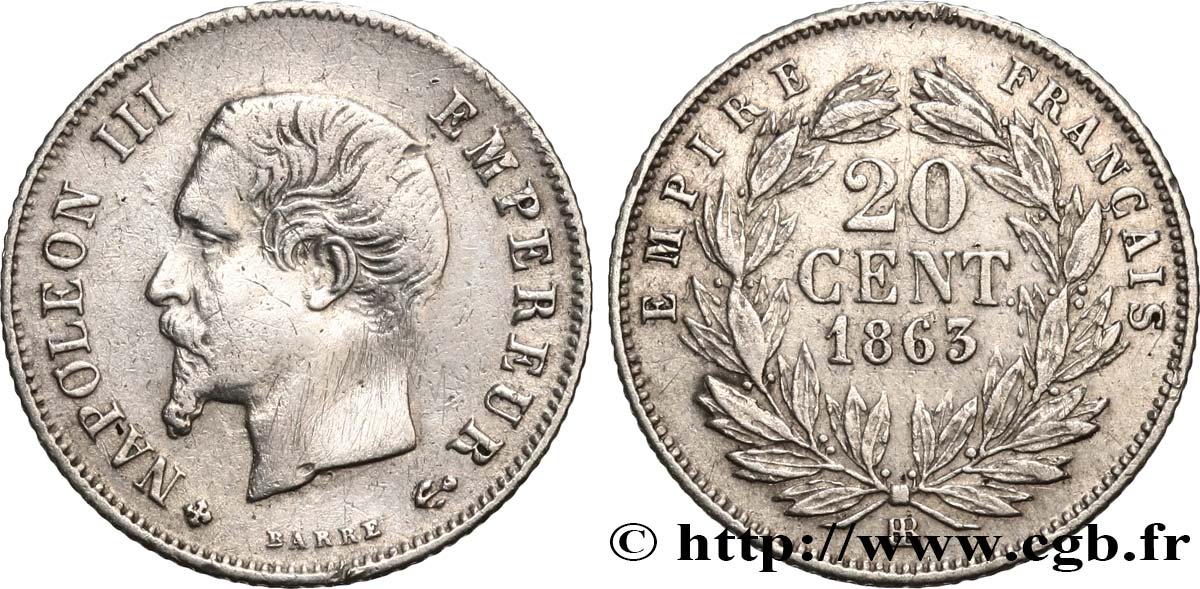 20 centimes Napoléon III, tête nue 1863 Strasbourg F.148/18 VF 