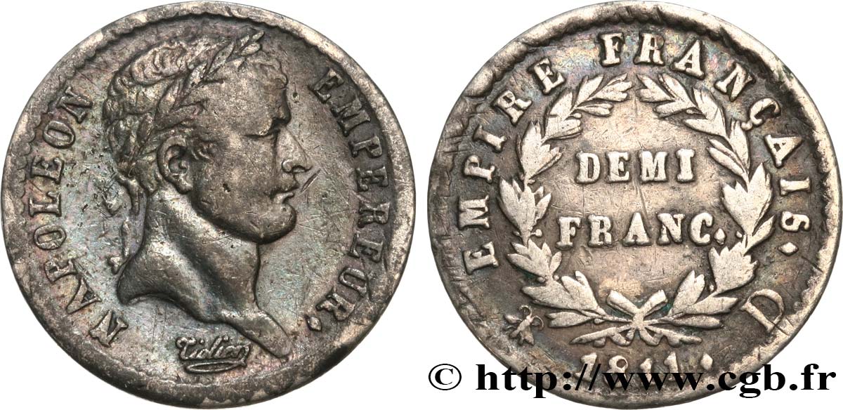 Demi-franc Napoléon Ier tête laurée, Empire français 1811 Lyon F.178/24 TB30 