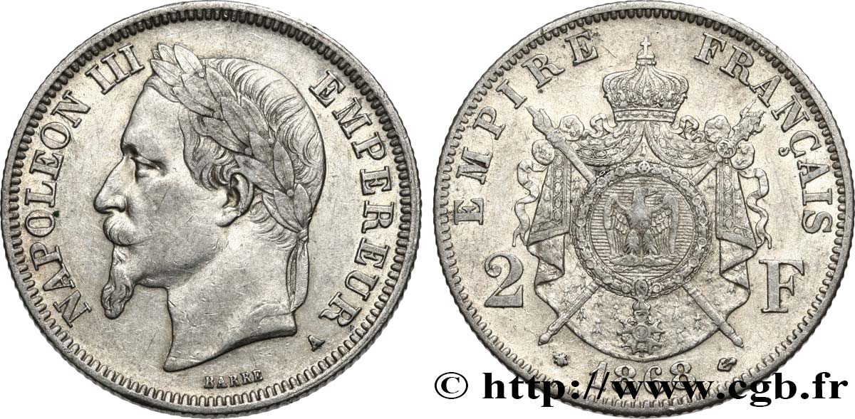 2 francs Napoléon III, tête laurée 1868 Paris F.263/8 MBC 