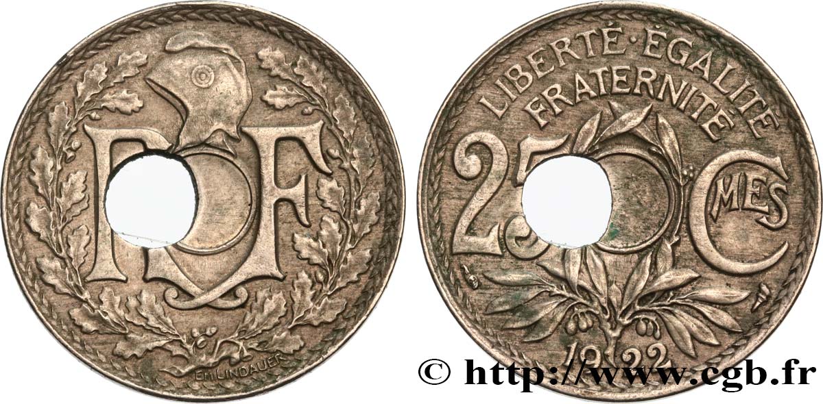 25 centimes Lindauer, perforation décentrée Type IV 1922  F.171/6 var. MBC48 