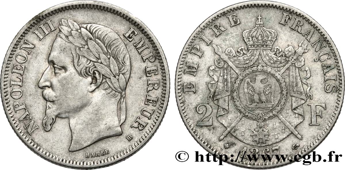 2 francs Napoléon III, tête laurée 1867 Strasbourg F.263/6 fSS 
