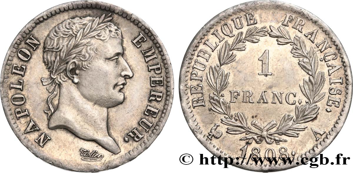1 franc Napoléon Ier tête laurée, République française 1808 Paris F.204/2 EBC 