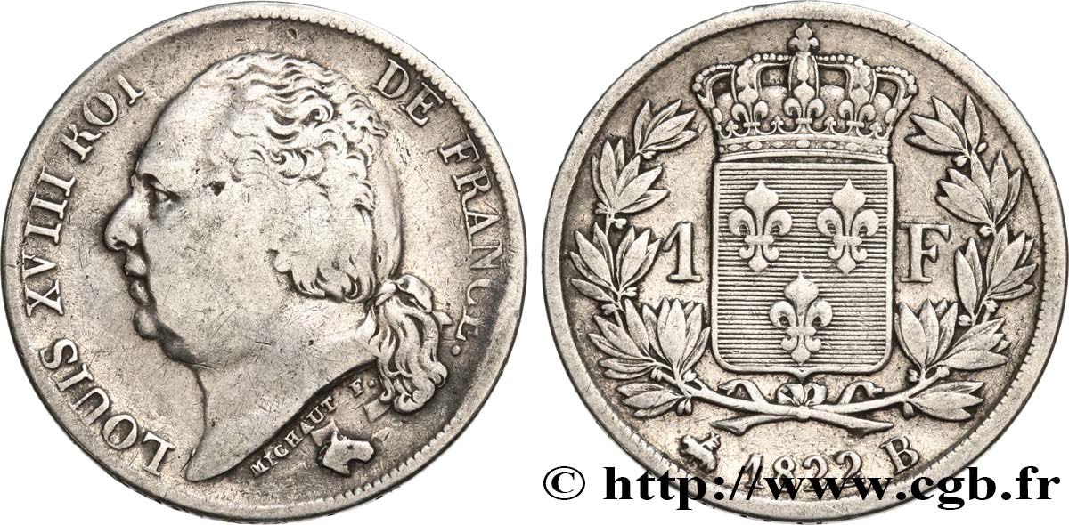 1 franc Louis XVIII 1822 Rouen F.206/41 TB25 