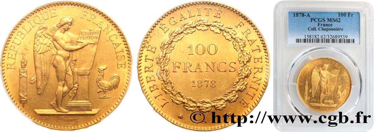 100 francs or Génie, tranche inscrite en relief Dieu protège la France 1878 Paris F.552/1 SUP62 PCGS