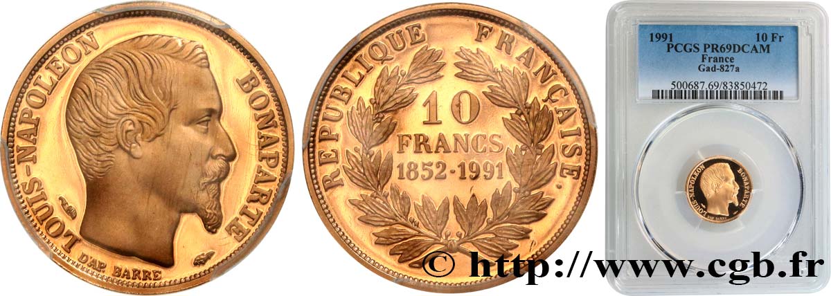 Belle Épreuve Or 10 francs “Napoléon” 1991  F5.  ST69 PCGS