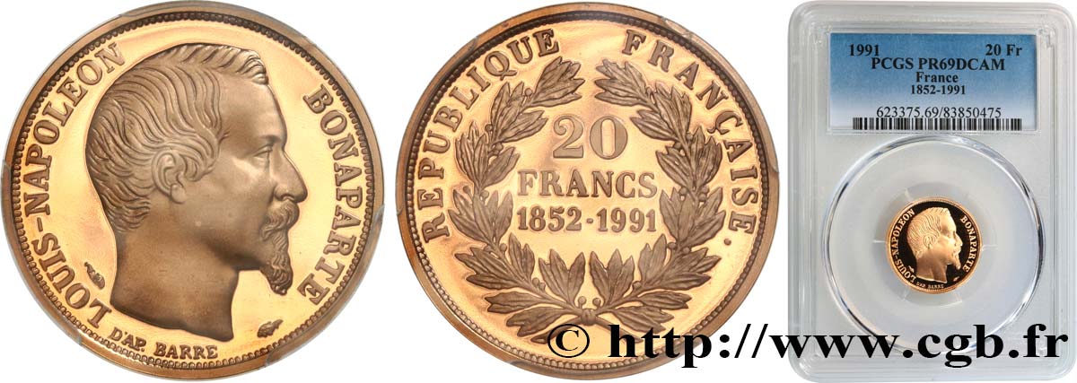 Belle Epreuve Or 20 francs “Napoléon” 1991  F5.  MS69 PCGS