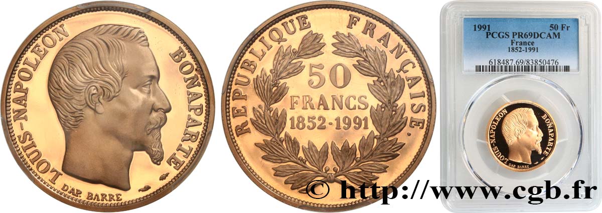 Belle Epreuve Or 50 francs “Napoléon” 1991  F5.  MS69 PCGS