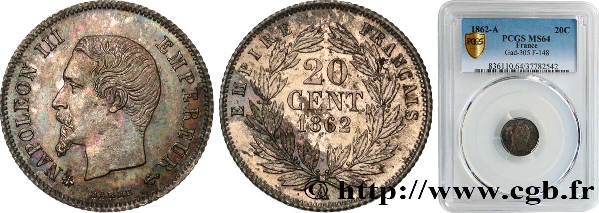 20 centimes Napoléon III, tête nue 1862 Paris F.148/17 SPL64 PCGS