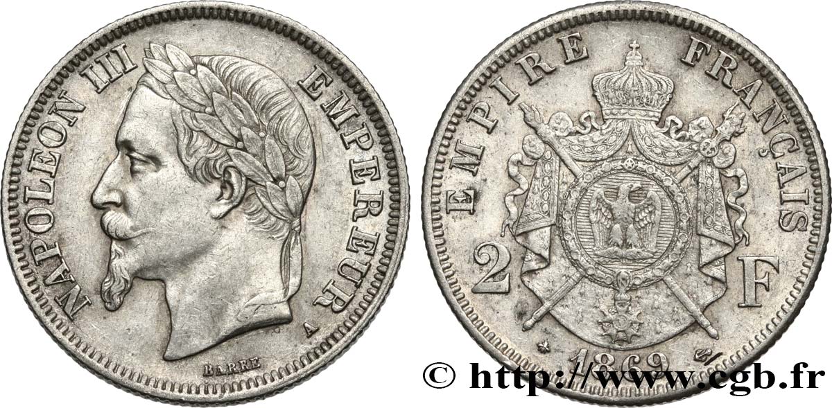2 francs Napoléon III, tête laurée 1869 Paris F.263/10 MBC 