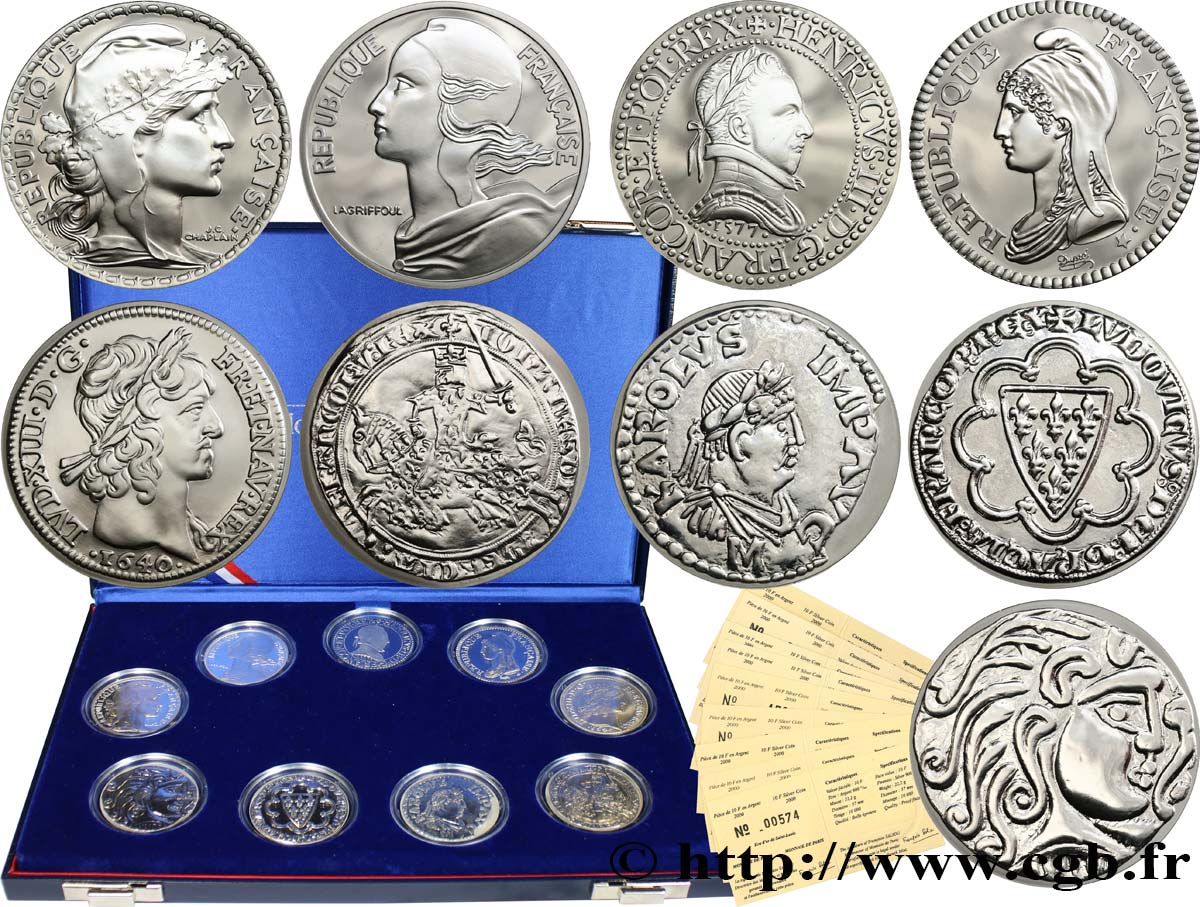 Coffret complet des neuf monnaies Belle Épreuve 10 Francs - 2000 Ans de Monnaies Françaises 2000  F.1327 à 1335 1 ST 