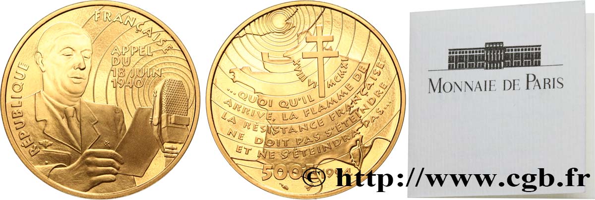 Belle Épreuve Or 500 francs - Appel du 18 juin 1940 1994  F5.1819 1 FDC 