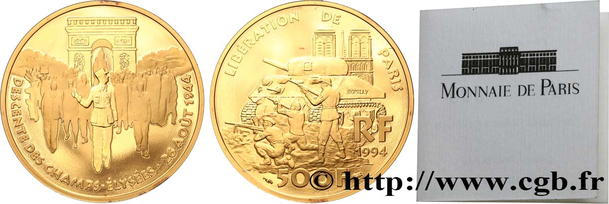 Belle Épreuve Or 500 francs - Libération de Paris  1994 Paris F5.1827 1 FDC 