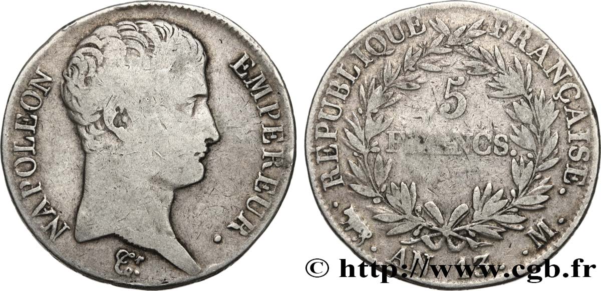 5 francs Napoléon Empereur, Calendrier révolutionnaire 1805 Toulouse F.303/13 VF 