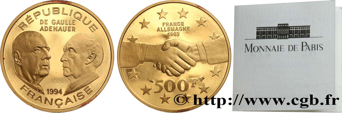 Belle Épreuve Or 500 francs - De Gaulle/Adenauer 1994 Paris F5.1828 1 MS 