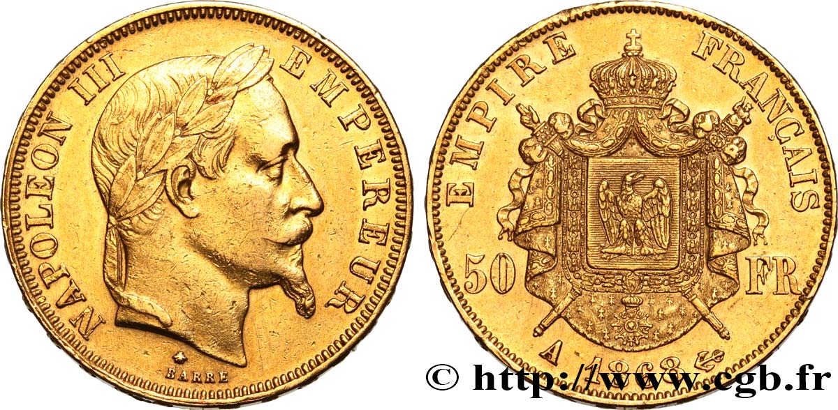 50 francs or Napoléon III, tête laurée 1868 Paris F.548/10 SS 