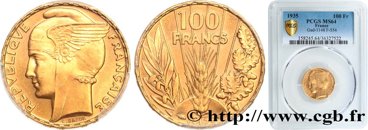 100 francs or, Bazor 1935 Paris F.554/6 MS64 PCGS