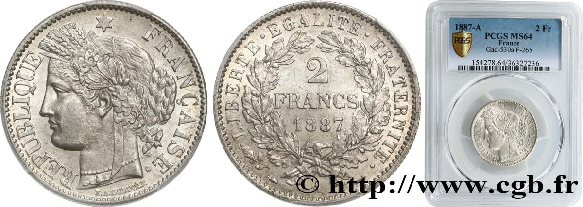 2 francs Cérès, avec légende 1887 Paris F.265/13 fST64 PCGS