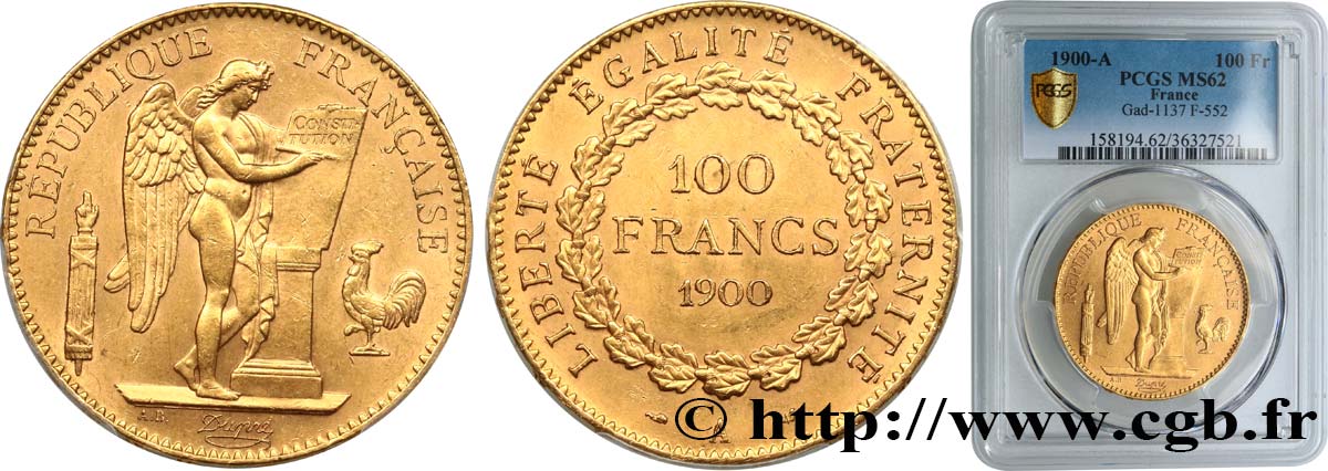 100 francs or Génie, tranche inscrite en relief Dieu protège la France 1900 Paris F.552/13 SPL62 PCGS