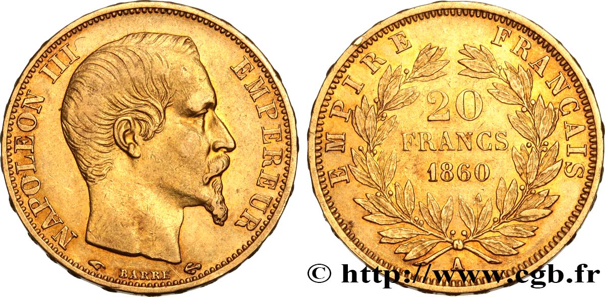 20 francs or Napoléon III, tête nue 1860 Paris F.531/18 AU50 