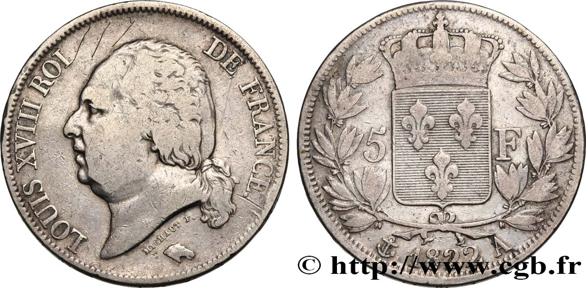 5 francs Louis XVIII, tête nue 1822 Paris F.309/68 TB 