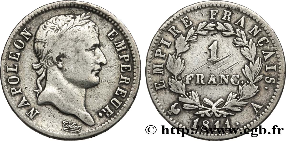 1 franc Napoléon Ier tête laurée, Empire français 1811 Paris F.205/28 TB 