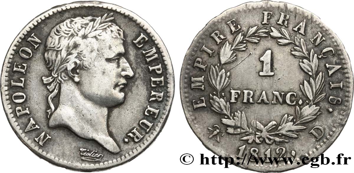 1 franc Napoléon Ier tête laurée, Empire français 1812 Lyon F.205/45 TTB45 