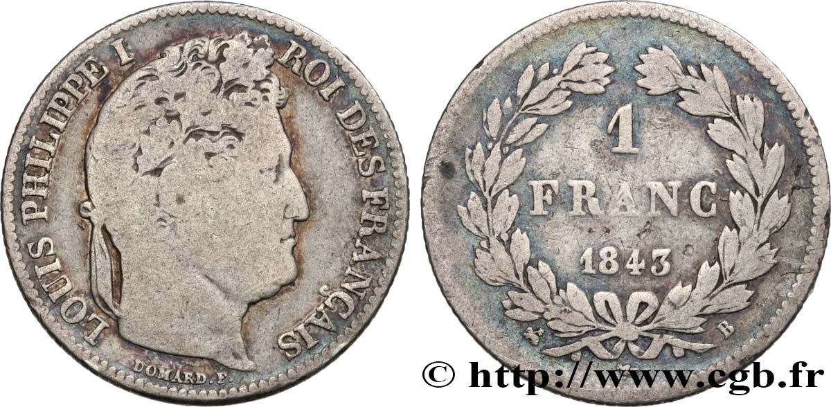 1 franc Louis-Philippe, couronne de chêne 1843 Rouen F.210/91 F12 