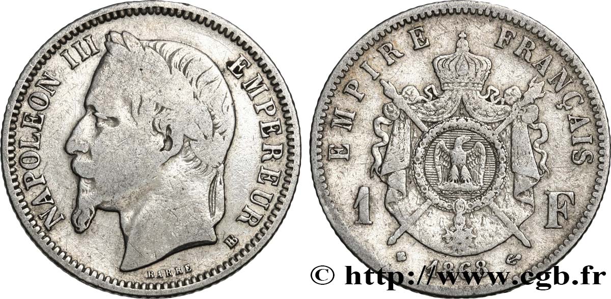 1 franc Napoléon III, tête laurée 1868 Strasbourg F.215/11 SGE 