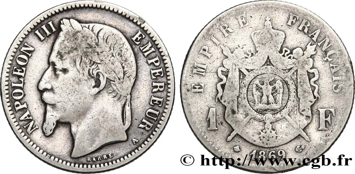 1 franc Napoléon III, tête laurée 1869 Paris F.215/14 fS 