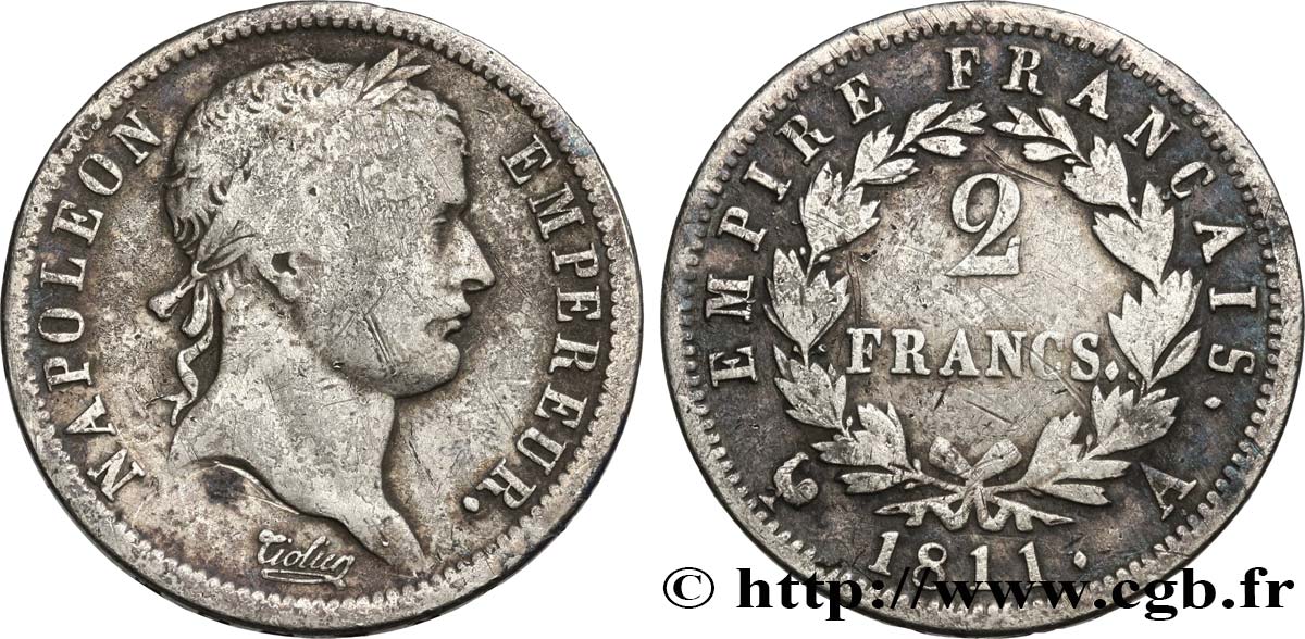 2 francs Napoléon Ier tête laurée, Empire français 1811 Paris F.255/24 B+ 