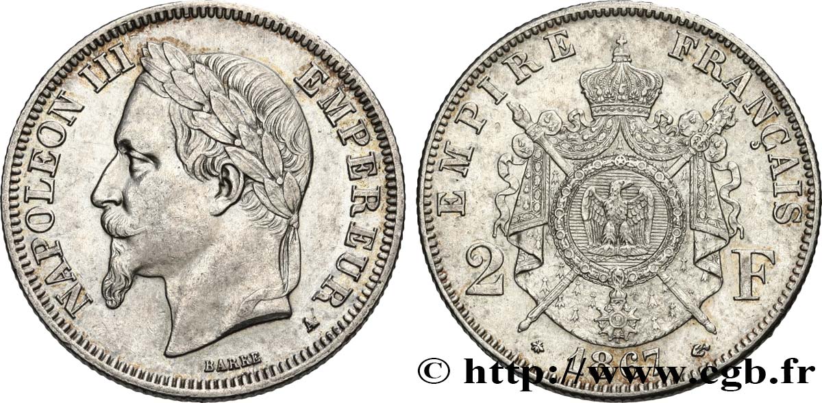 2 francs Napoléon III, tête laurée 1867 Paris F.263/5 AU52 