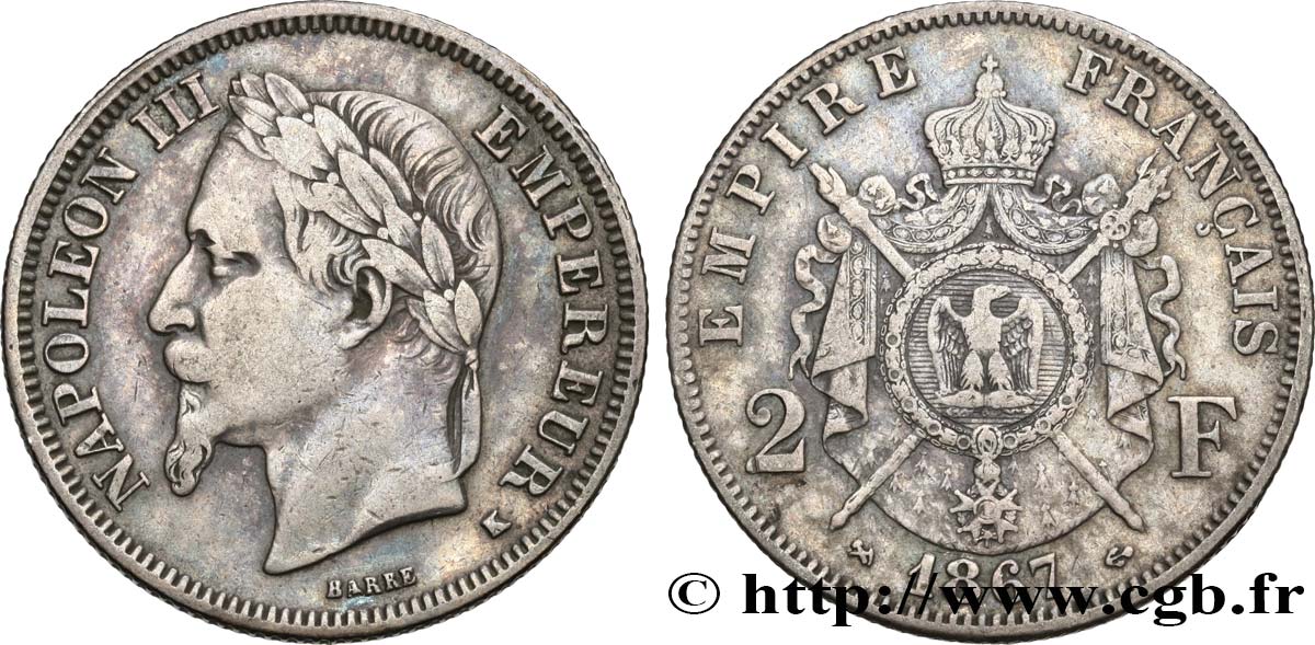 2 francs Napoléon III, tête laurée 1867 Bordeaux F.263/7 VF35 