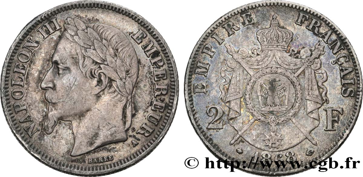 2 francs Napoléon III, tête laurée 1868 Paris F.263/8 SS45 