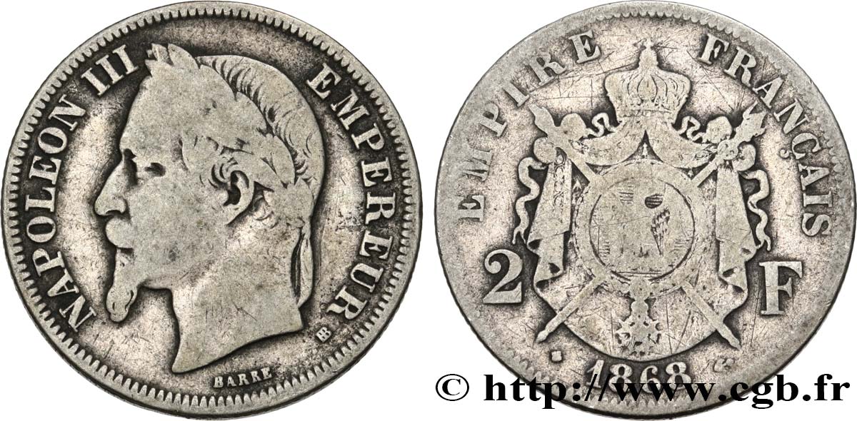 2 francs Napoléon III, tête laurée  1868 Strasbourg F.263/9 B12 