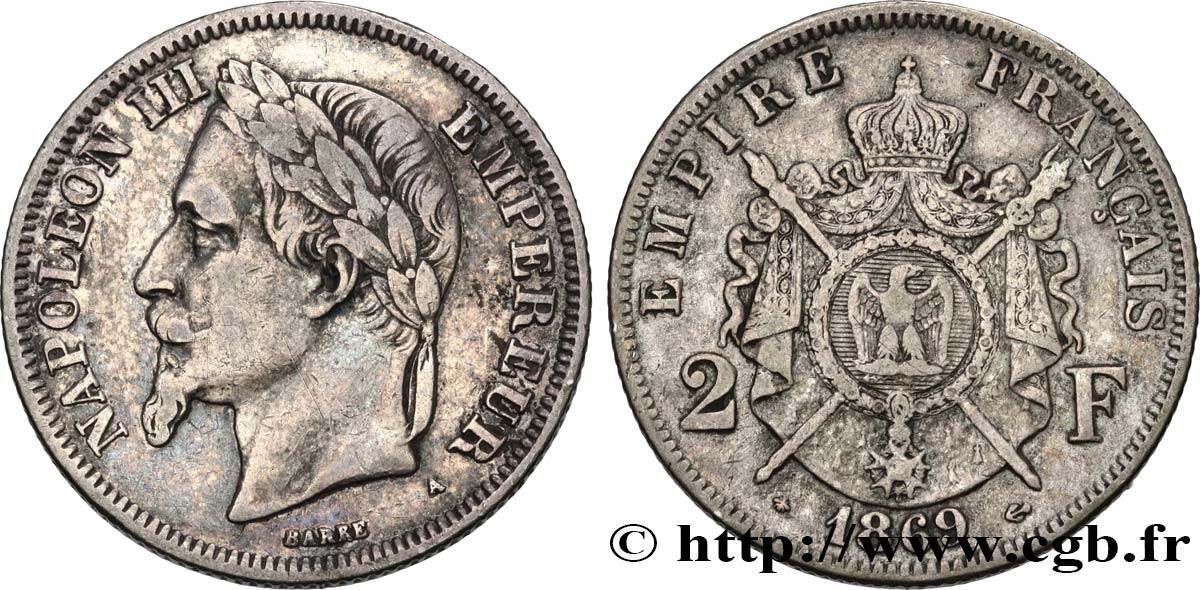 2 francs Napoléon III, tête laurée  1869 Paris F.263/10 TB35 