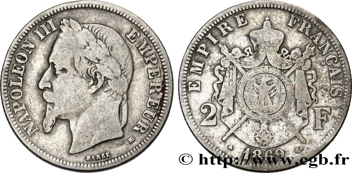 2 francs Napoléon III, tête laurée 1869 Strasbourg F.263/11 MB15 