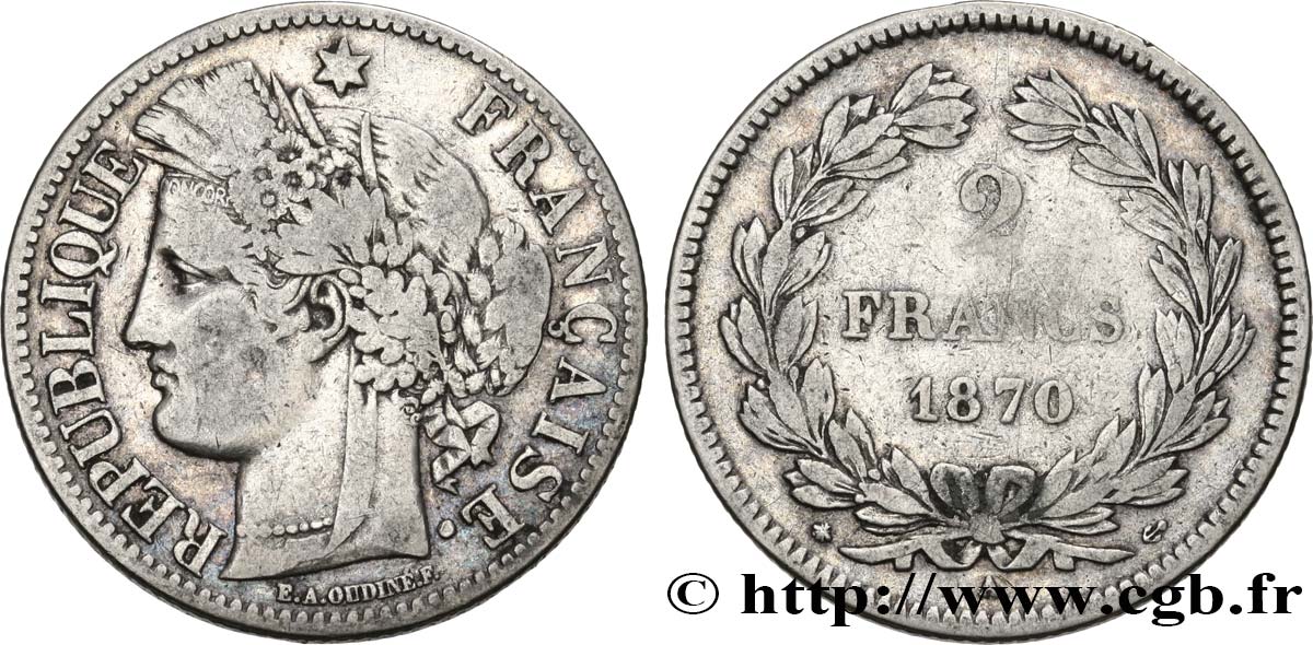 2 francs Cérès, sans légende 1870 Paris F.264/1 VF25 