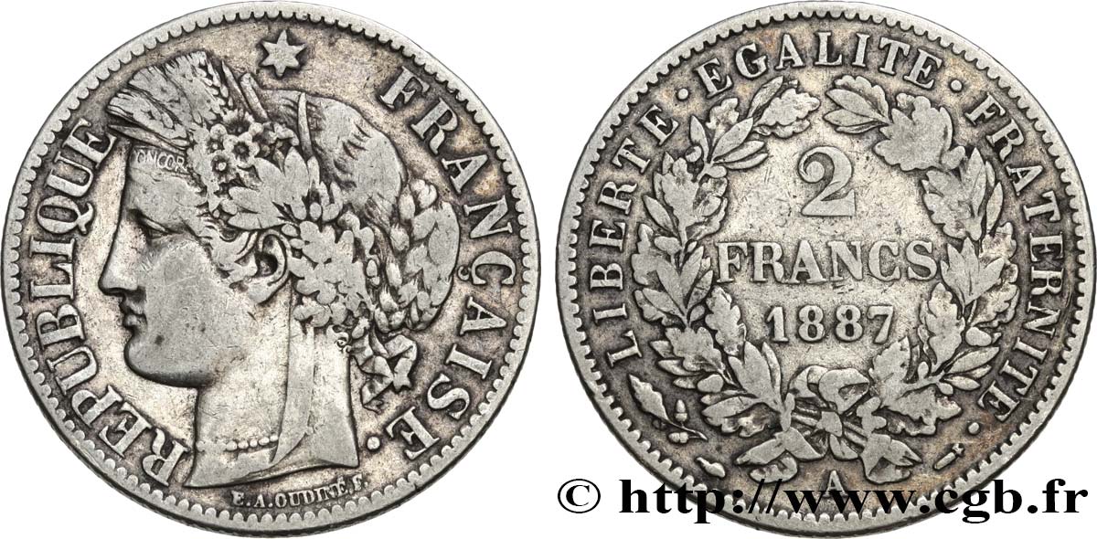 2 francs Cérès, avec légende 1887 Paris F.265/13 BC30 