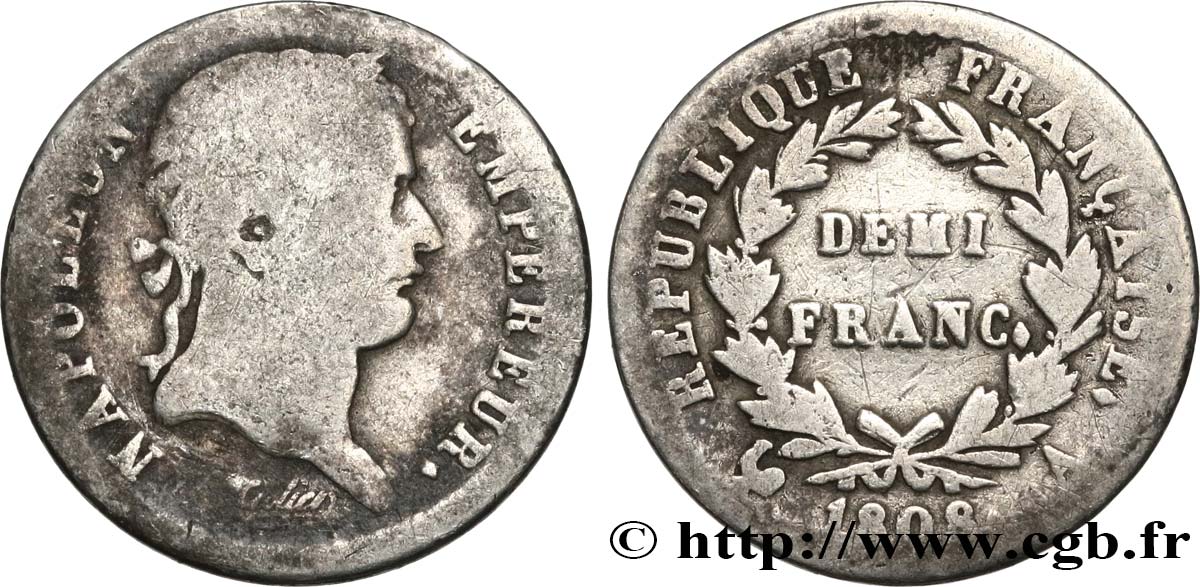 Demi-franc Napoléon Ier tête laurée, République française 1808 Paris F.177/2 B8 
