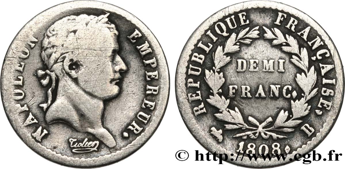 Demi-franc Napoléon Ier tête laurée, République française 1808 Rouen F.177/3 MB15 
