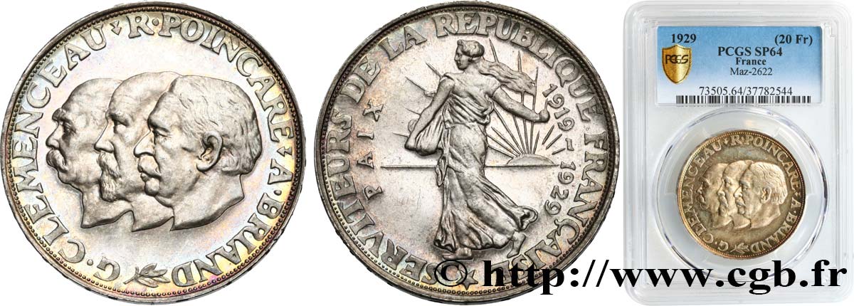 Module de 20 francs argent, 10e anniversaire de la Paix 1929 Paris GEM.254 1 SPL64 PCGS