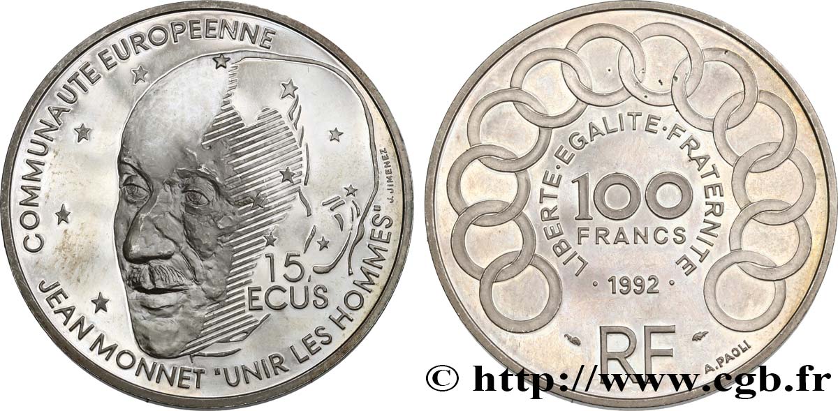 Belle Épreuve 15 écus / 100 francs Jean Monnet 1992 Paris F5.2002 1 AU 
