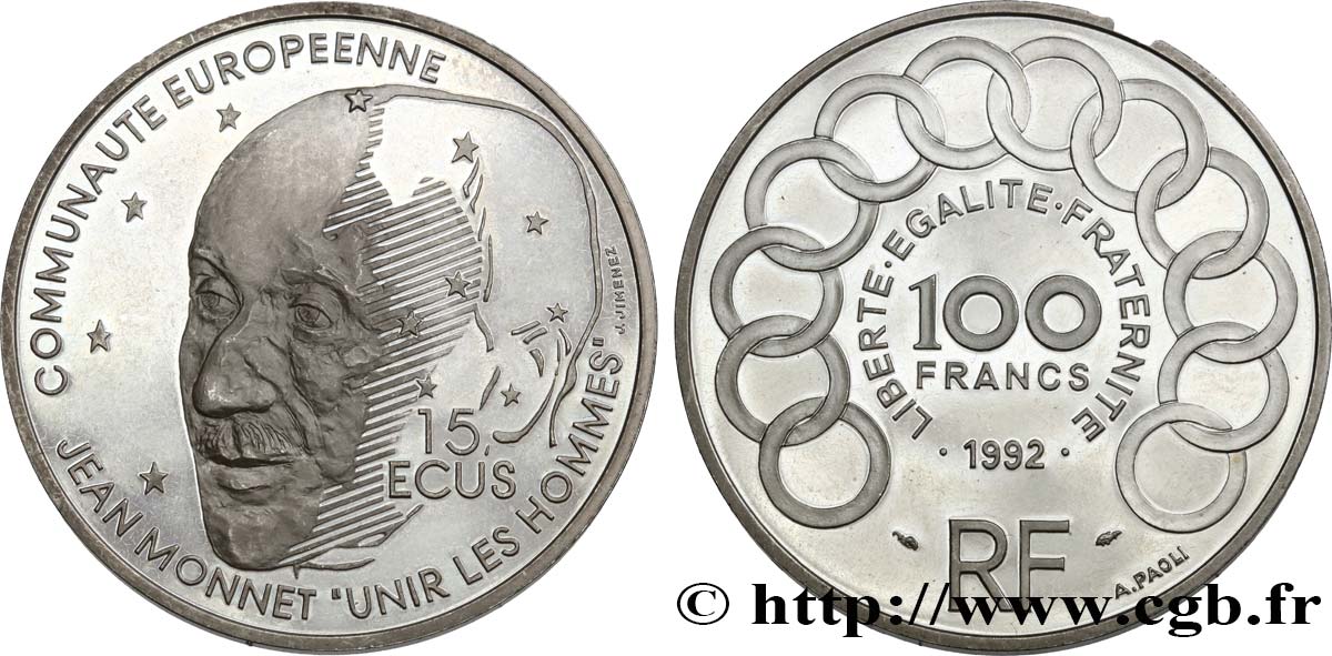 Belle Épreuve 15 écus / 100 francs Jean Monnet 1992 Paris F5.2002 1 SPL 
