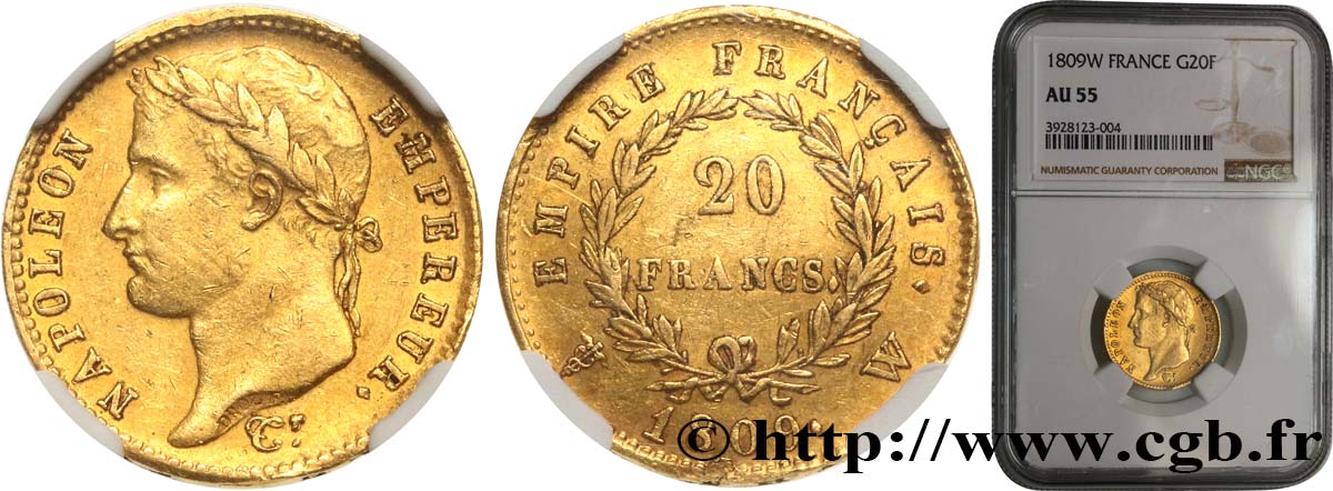 20 francs or Napoléon Ier tête laurée, Empire français 1809 Lille F.516/7 SPL55 NGC